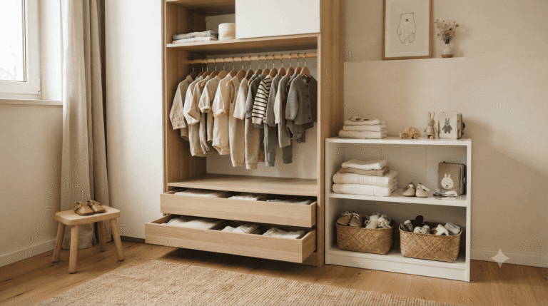 Ten obraz przedstawia minimalistyczną garderobę dziecięcą